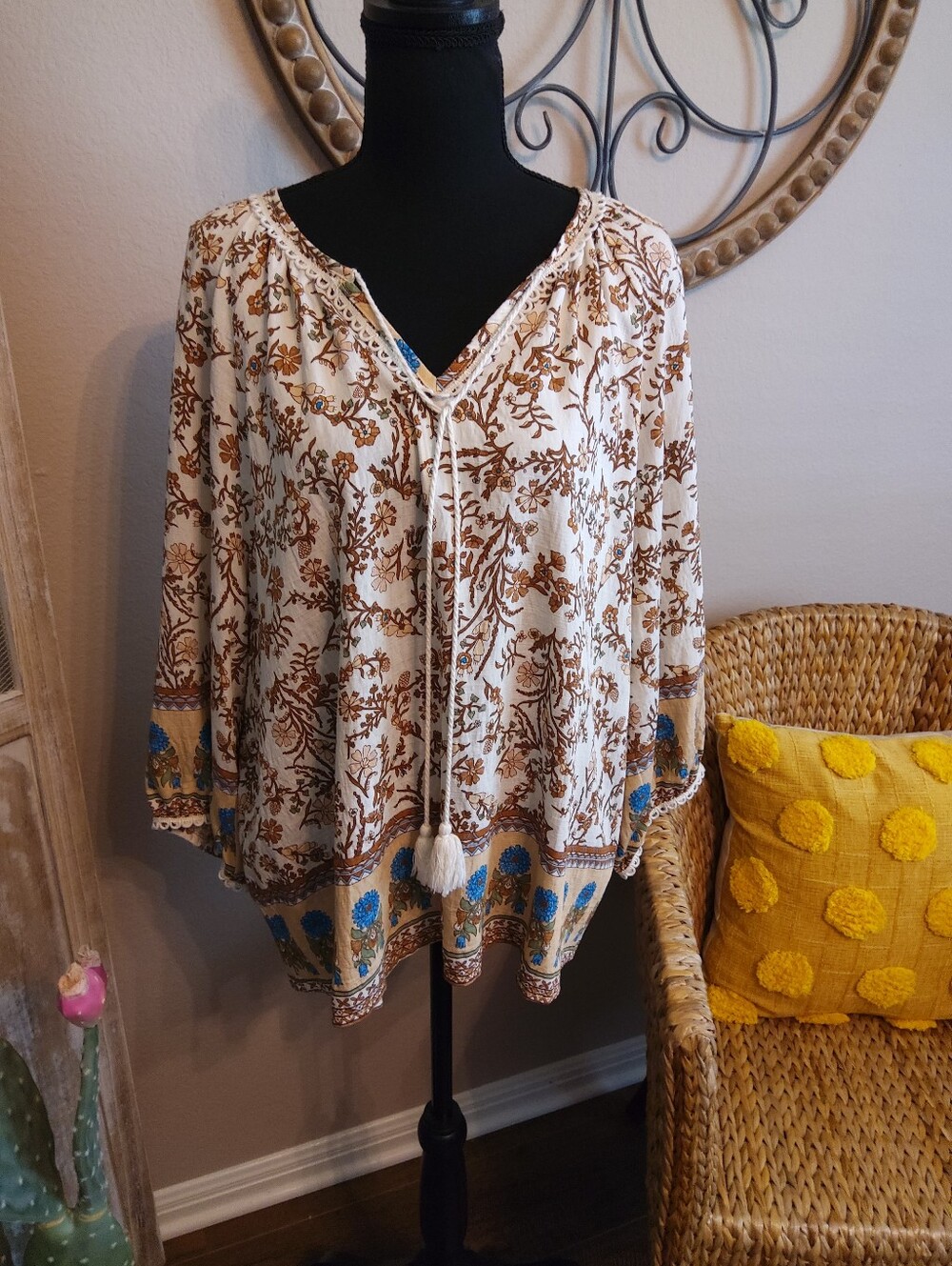 Vivilli Cream Boho Tunic with Brown Floral and Blue Trim